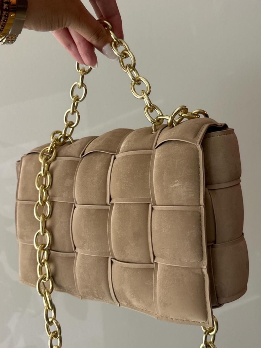 Icy Suede Taupe Woven Shoulder Bag with Gold Chain Strap
